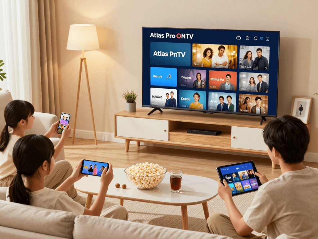 Famille utilisant Atlas pro ontv dans un salon confortable, regardant des chaînes en HD avec des appareils divers.