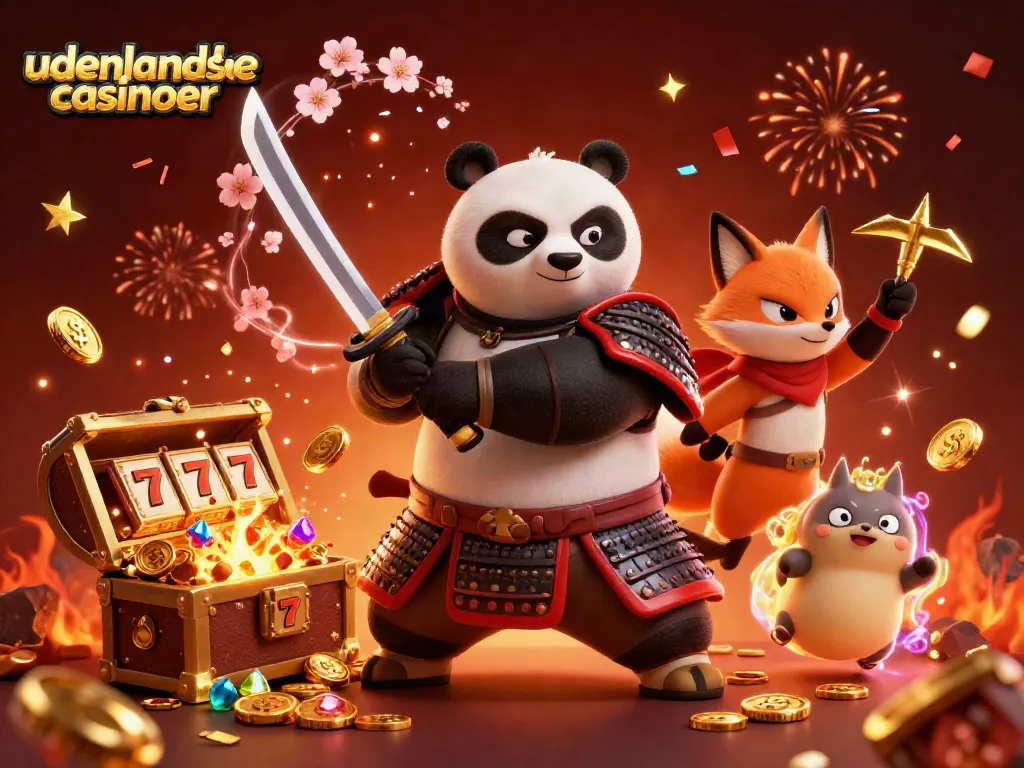 Experience the thrill of udenlandske casinoer with samurai panda and ninja fox amidst a treasure explosion.
