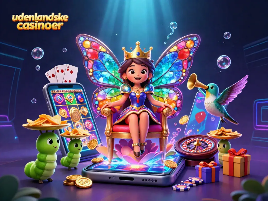 Engage with udenlandske casinoer through enchanting gameplay scenes featuring a butterfly queen and dynamic casino elements.