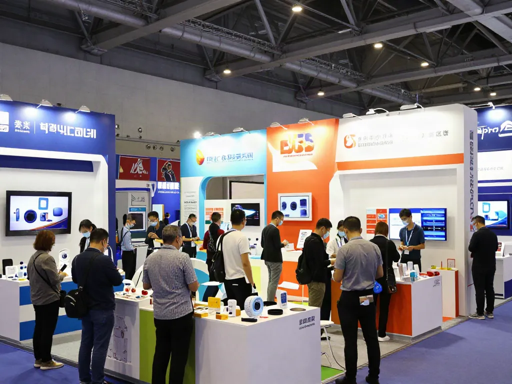 Exhibitors engaging with attendees at a vibrant trade fair showcasing innovative products and services.
