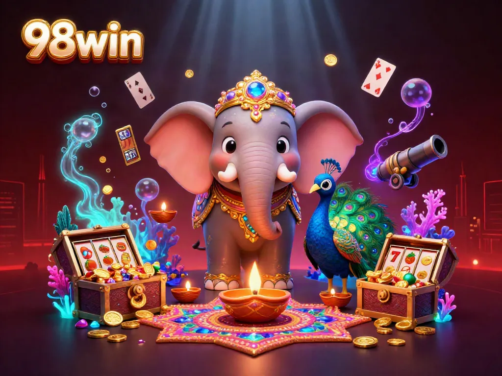 Experience thrilling games at 98win with a colorful casino scene showcasing rich details and dynamic elements.
