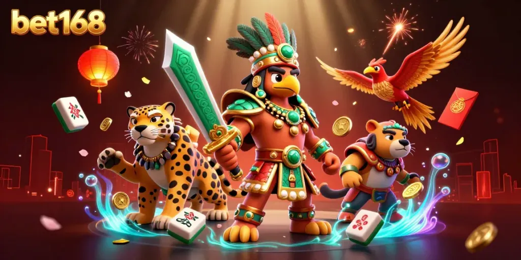 Experience thrilling gaming adventures with bet168 as an Aztec warrior holds a sword amidst vibrant casino elements.
