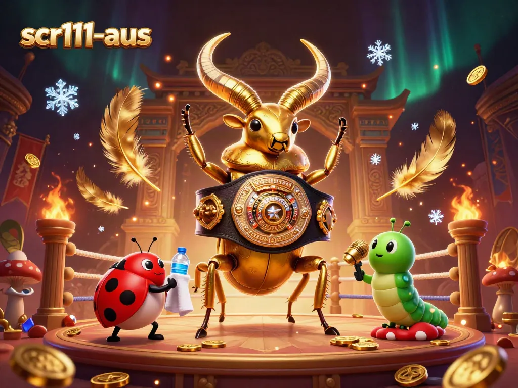 Engage with scr111-aus through a vibrant 3D boxing scene featuring the golden stag beetle amid dynamic casino elements.