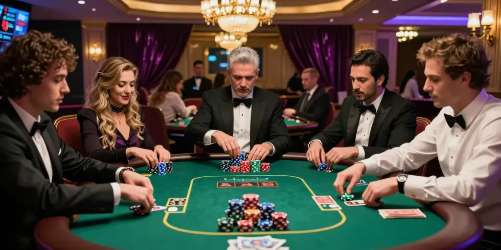 Joueurs engagés au 666Gambit Casino dans un jeu de blackjack, ambiance festive.