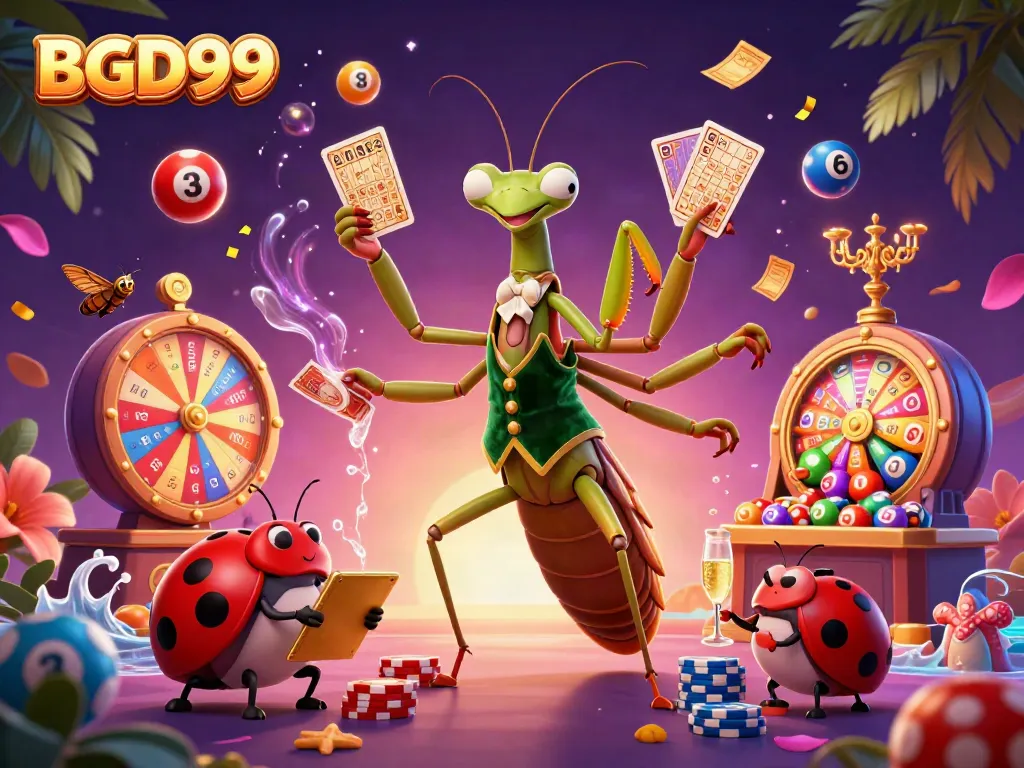 Experience thrilling gaming with BGD99, featuring a bustling casino scene of animated characters and vibrant lottery elements.