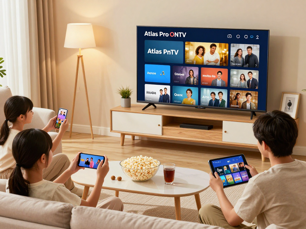 Famille utilisant Atlas pro ontv dans un salon confortable, regardant des chaînes en HD avec des appareils divers.