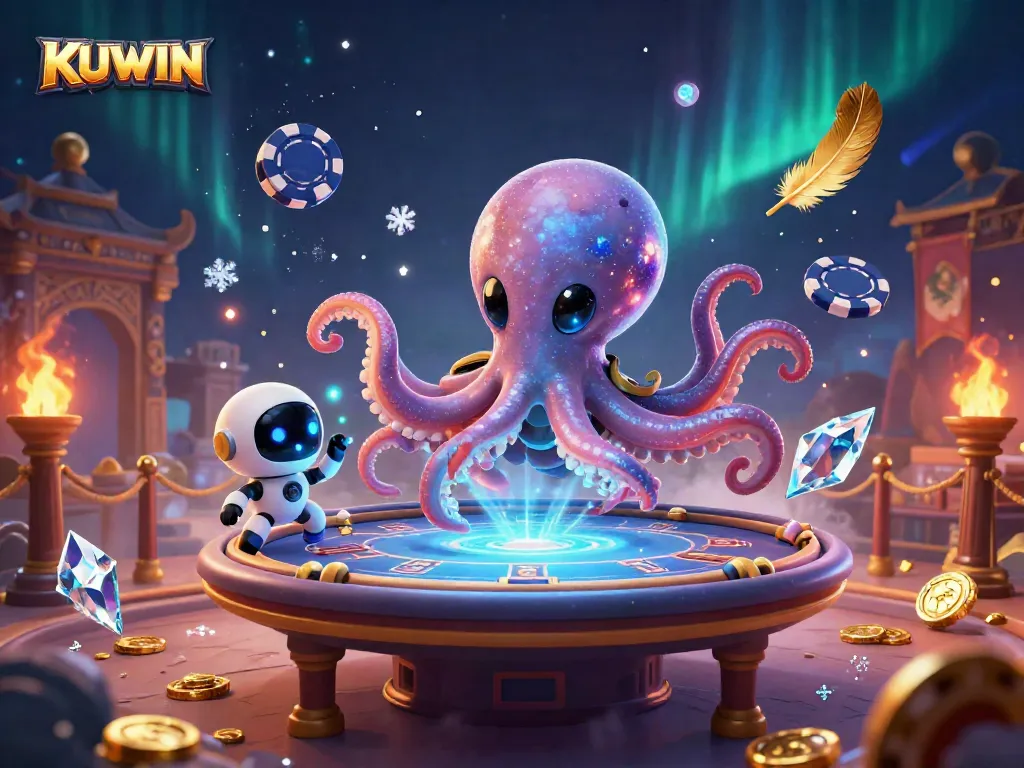 Kuwin powers an intergalactic casino with alien octopus and robot companions at a dynamic poker table.
