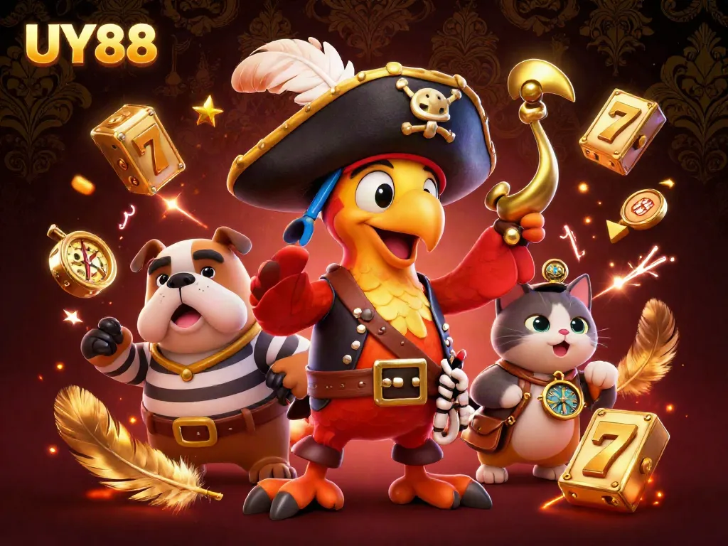 Experience the thrilling excitement of UY88 with this vibrant 3D illustration capturing a pirate captain, bulldog first mate, and cat navigator in a dynamic casino scene.