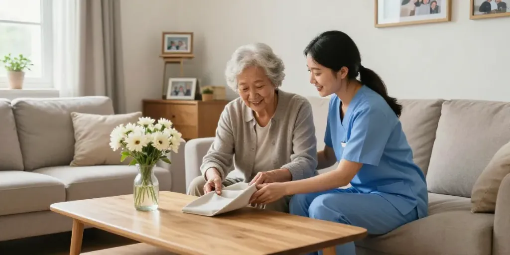 www.alloadom.fr showcasing a caregiver assisting an elderly person in a cozy living room, embodying trust and warmth.