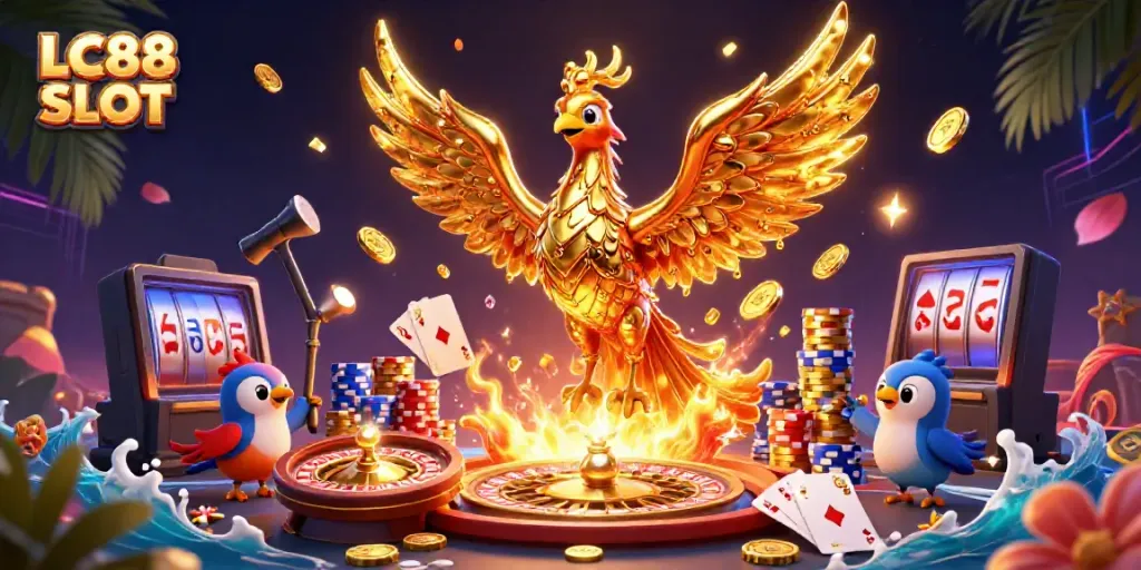 Experience thrilling gameplay with LC88 SLOT, featuring a majestic phoenix and dazzling casino elements.