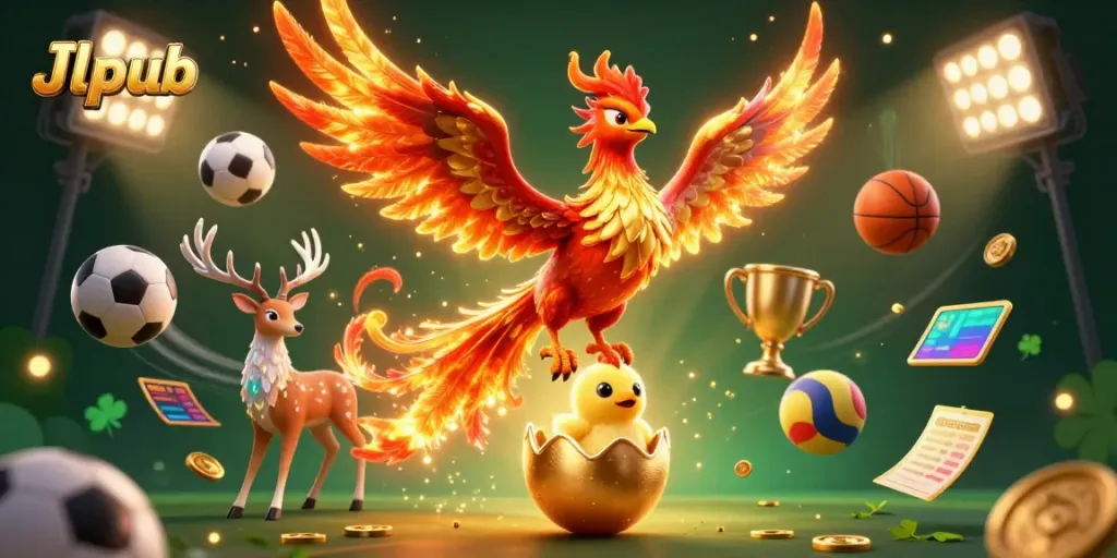 Experience thrilling betting action at Jlpub with a vibrant phoenix and sports elements.
