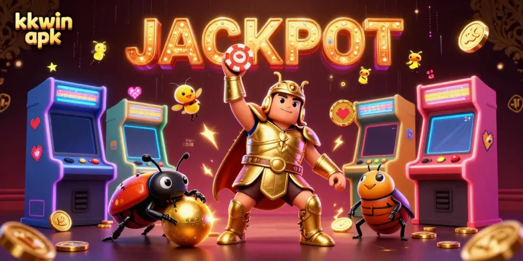Engage with thrilling gameplay in the kkwin apk, featuring a victorious beetle hero and dynamic casino elements.