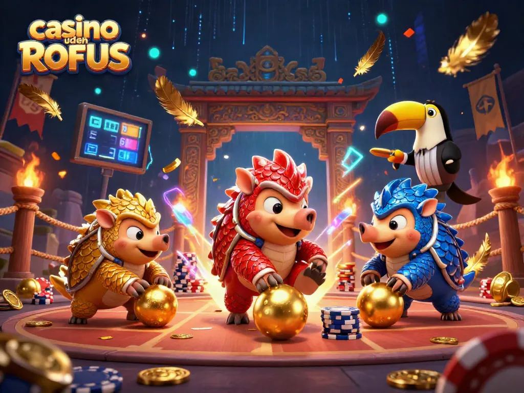 Engage in thrilling action with casino uden ROFUS characters competing amidst golden coins and poker chips.