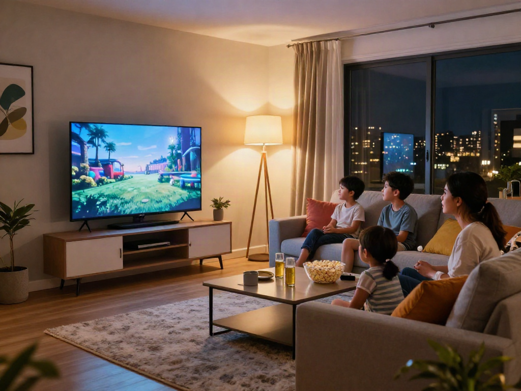 A family enjoying movie night around an Iron TV in a cozy living room, complete with ambient lighting and comfortable decor.