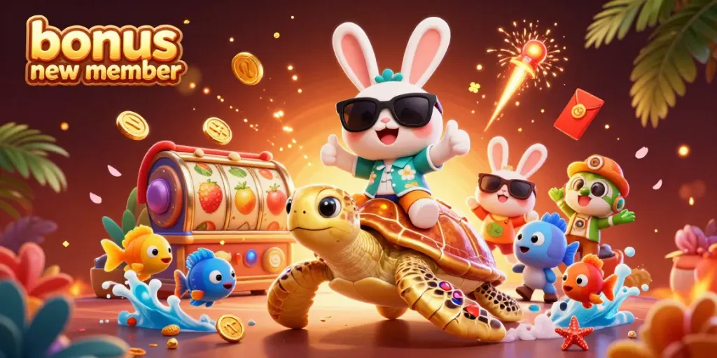 Experience vibrant casino fun with a lucky rabbit, golden turtle, and slot reels in this lively scene celebrating bonus new member opportunities.