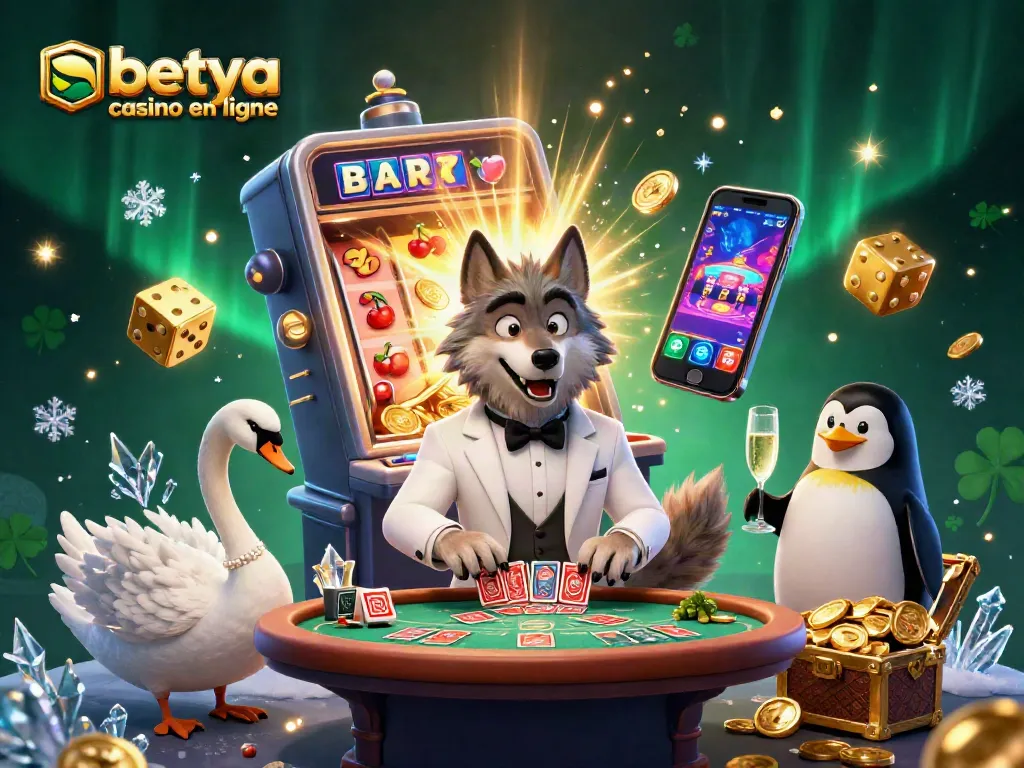 Experience the thrill at betya casino en ligne, with a vibrant scene of a wolf, swan, and penguin among casino excitement.