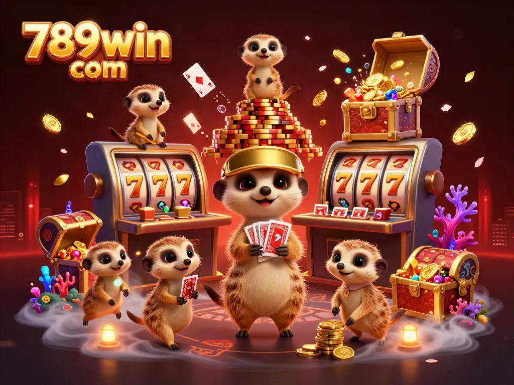 Experience the excitement of 789win com with this vibrant 3D casino illustration showcasing meerkats in action.