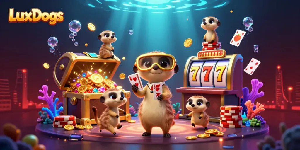 Luxdogs casino meerkats operating slots and games in 3D vibrant underwater scene.