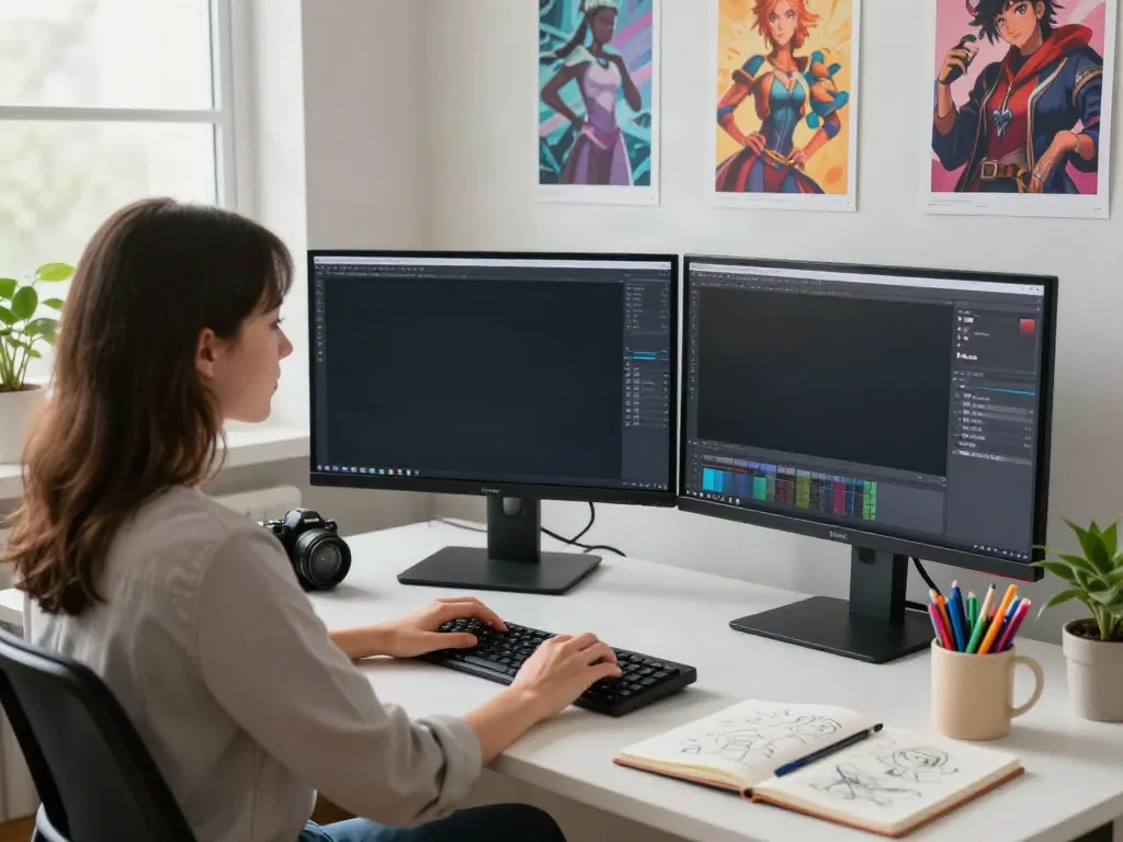 Engaging workspace showcasing NSFW AI character creation process with vibrant décor and creative atmosphere.