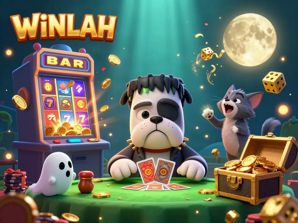 Experience the thrill of WINLAH with a vibrant 3D casino scene featuring card dealing by a Frankenstein bulldog.