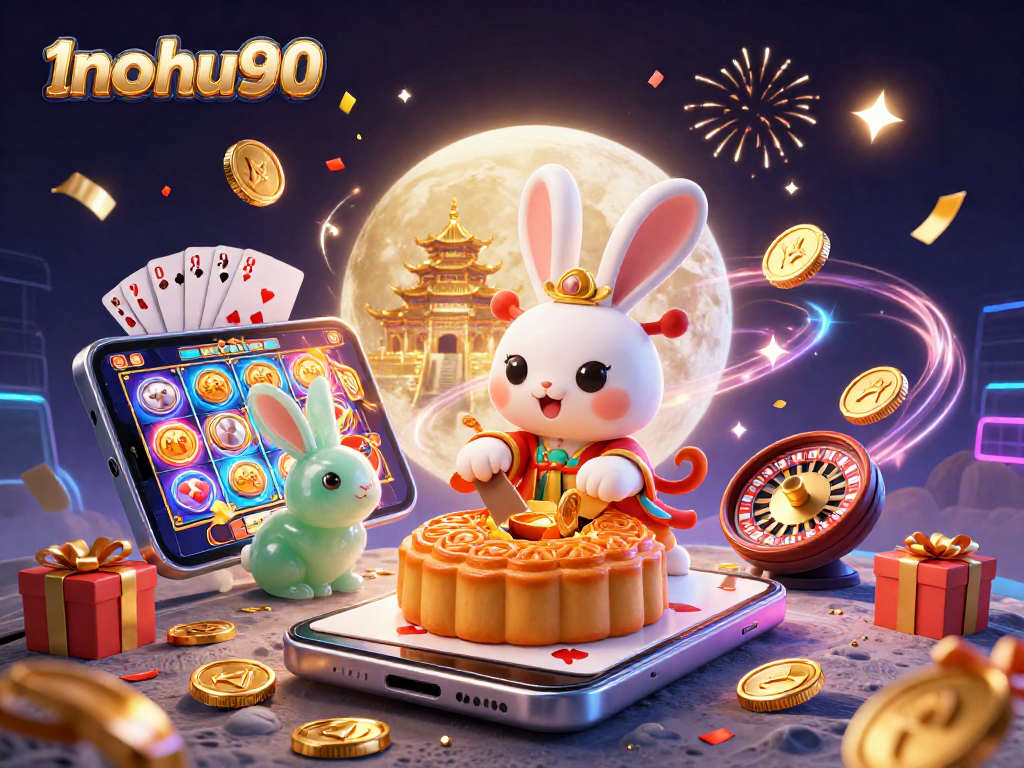 Engage with 1nohu90's vibrant gaming scene featuring a moon rabbit, poker chips, and festive elements.