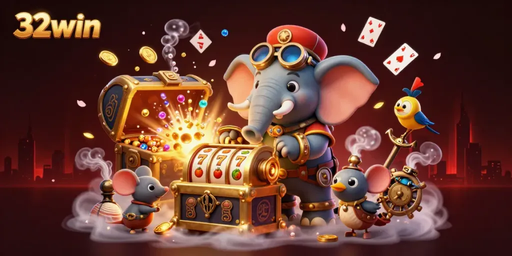 Engage with 32win's exciting slot experience featuring a steampunk elephant in a vibrant casino setting.