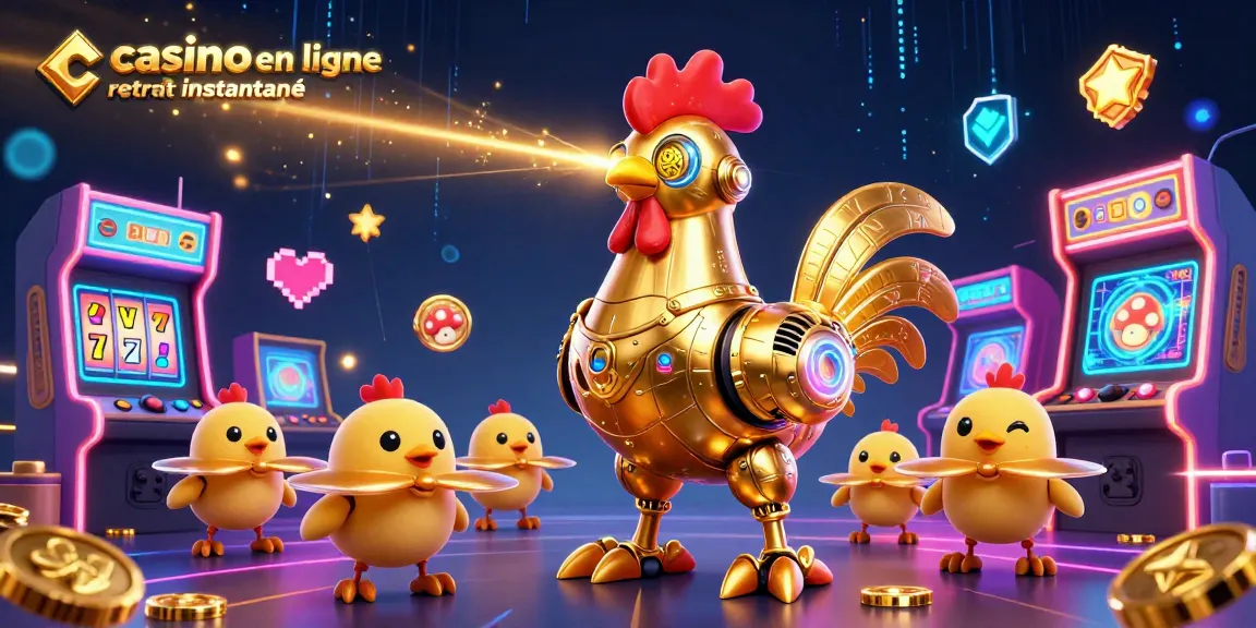Découvrez l'expérience immersive d'un casino en ligne retrait instantané avec un robot doré futuriste et des éléments de jeu dynamiques.