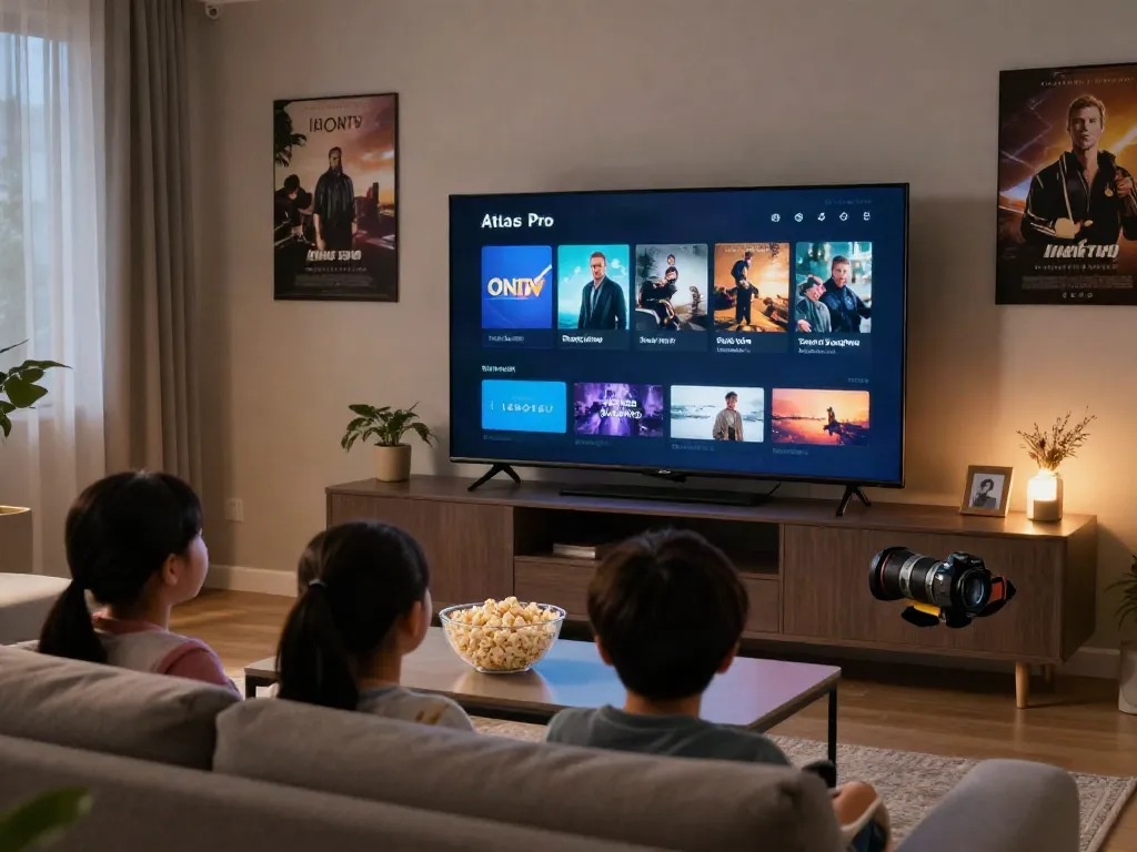 Télécharger l'application atlas pro ontv sur grand écran, famille regardant un film ensemble.