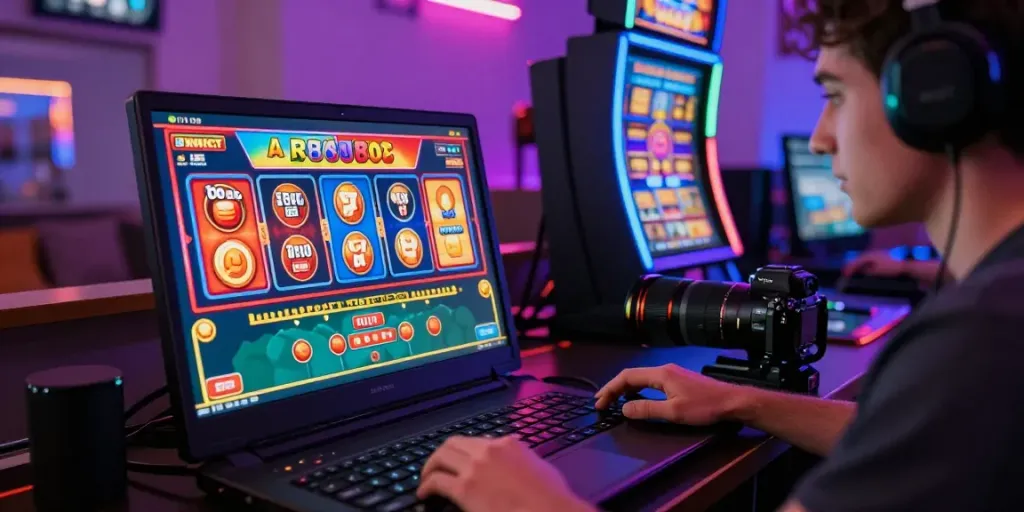 Un joueur de casino en ligne sans dépôt absorbé par un jeu dynamique sur son ordinateur portable avec des graphismes colorés.