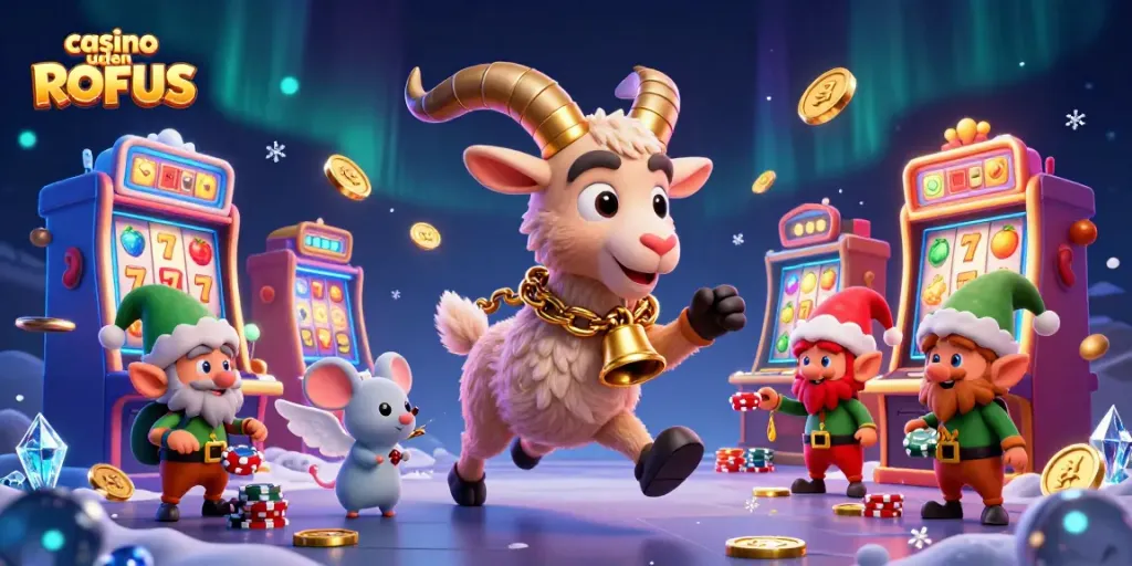 Engage with casino uden ROFUS in this vibrant 3D illustration featuring a festive Krampus goat overseeing a chaotic holiday-gaming scene.