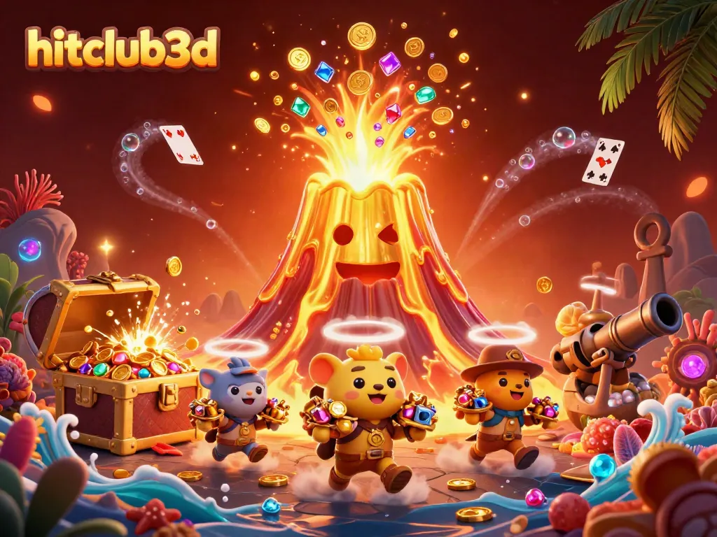 Experience thrilling wins at hitclub3d with vibrant coins and gems erupting from a golden volcano.