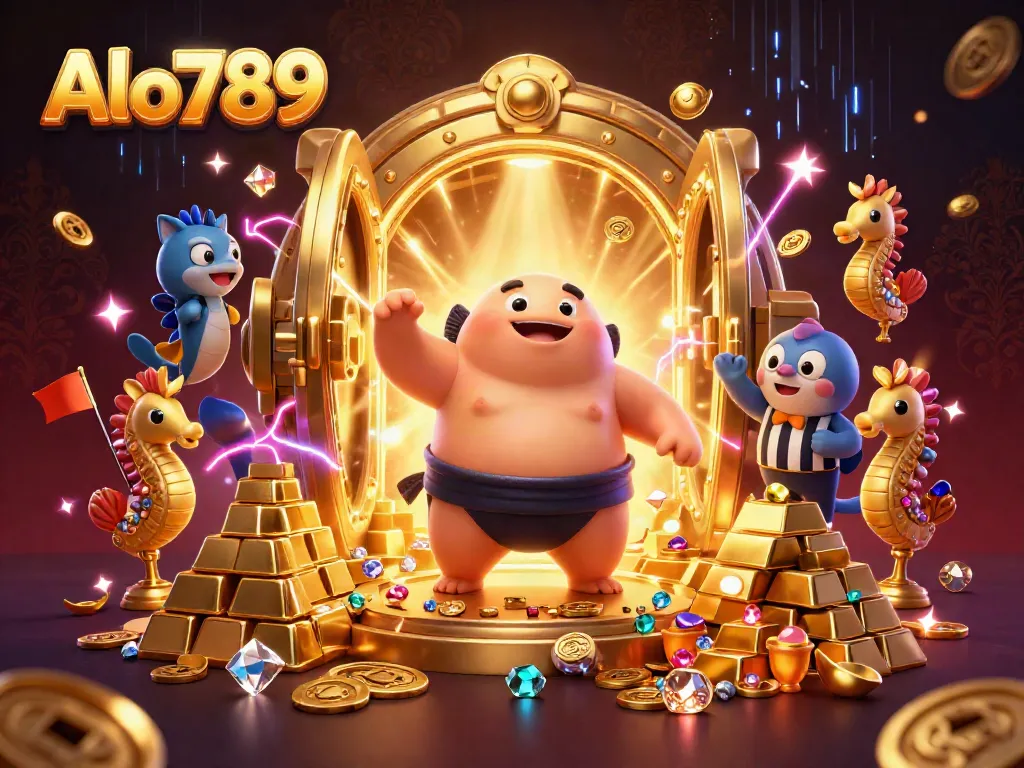 Experience excitement at Alo789 with a dynamic underwater casino scene featuring lively cartoon characters and dazzling treasures.