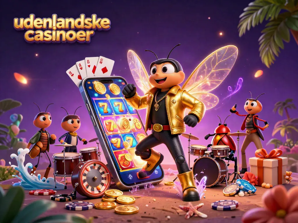 Enjoy fun at udenlandske casinoer with a lively 3D illustration featuring vibrant gaming elements.