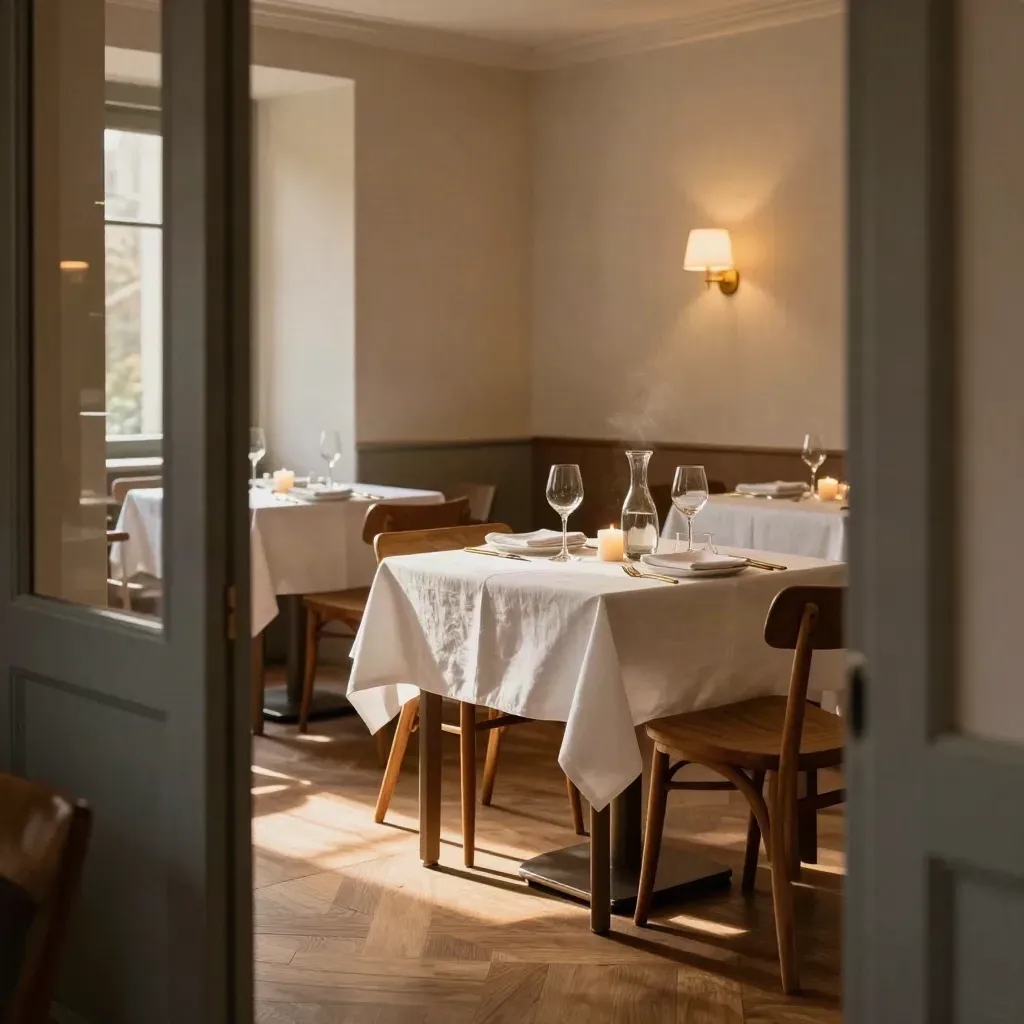 Salle de bistrot au soir, tables dressées, bougies basses, verres à vin et carafe fumée.