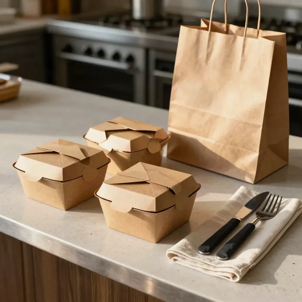 Plats à emporter en boîtes kraft, sac papier et couverts enveloppés sur comptoir clair.