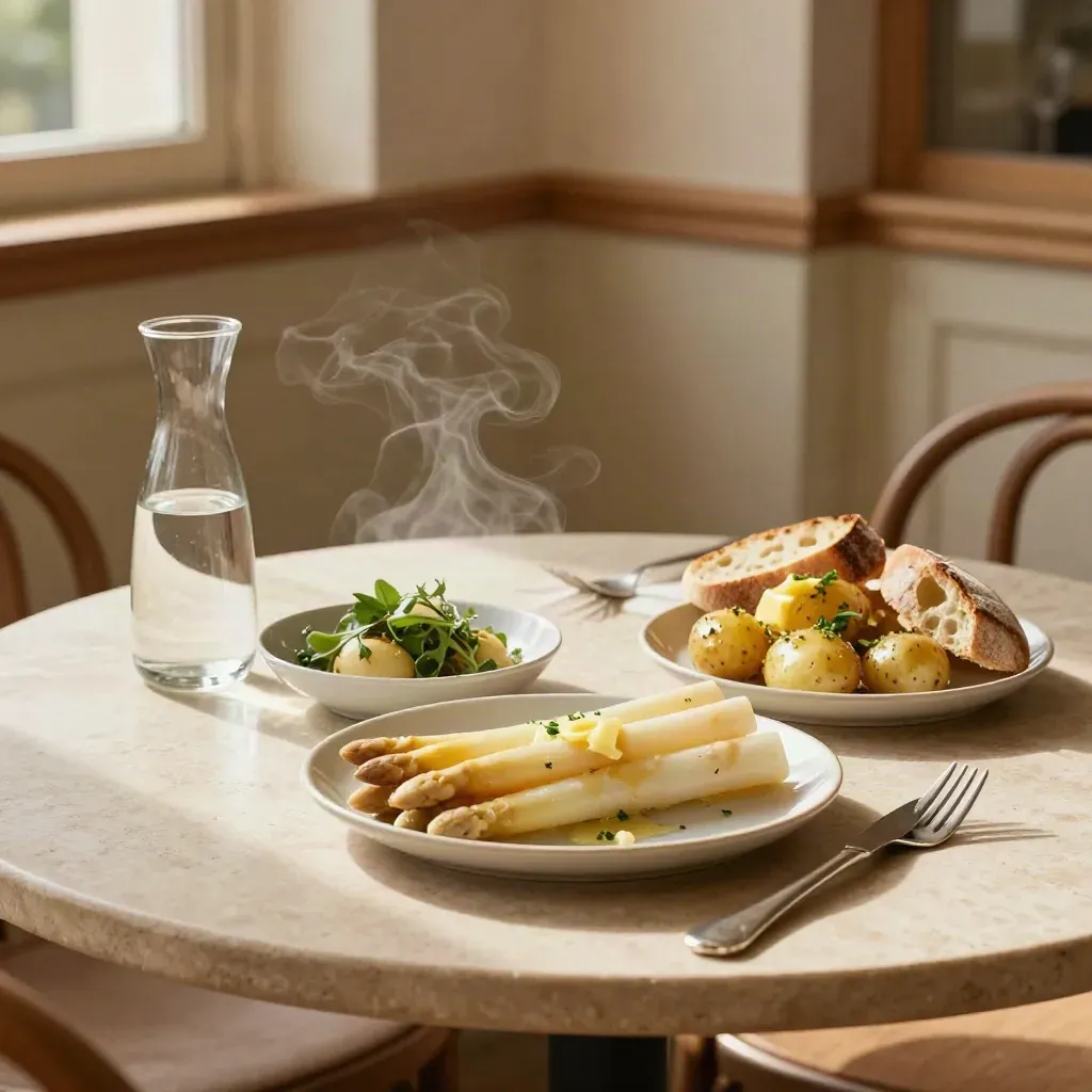 Table de déjeuner saisonnier avec asperges, pommes de terre nouvelles, pain et carafe, vapeur visible.