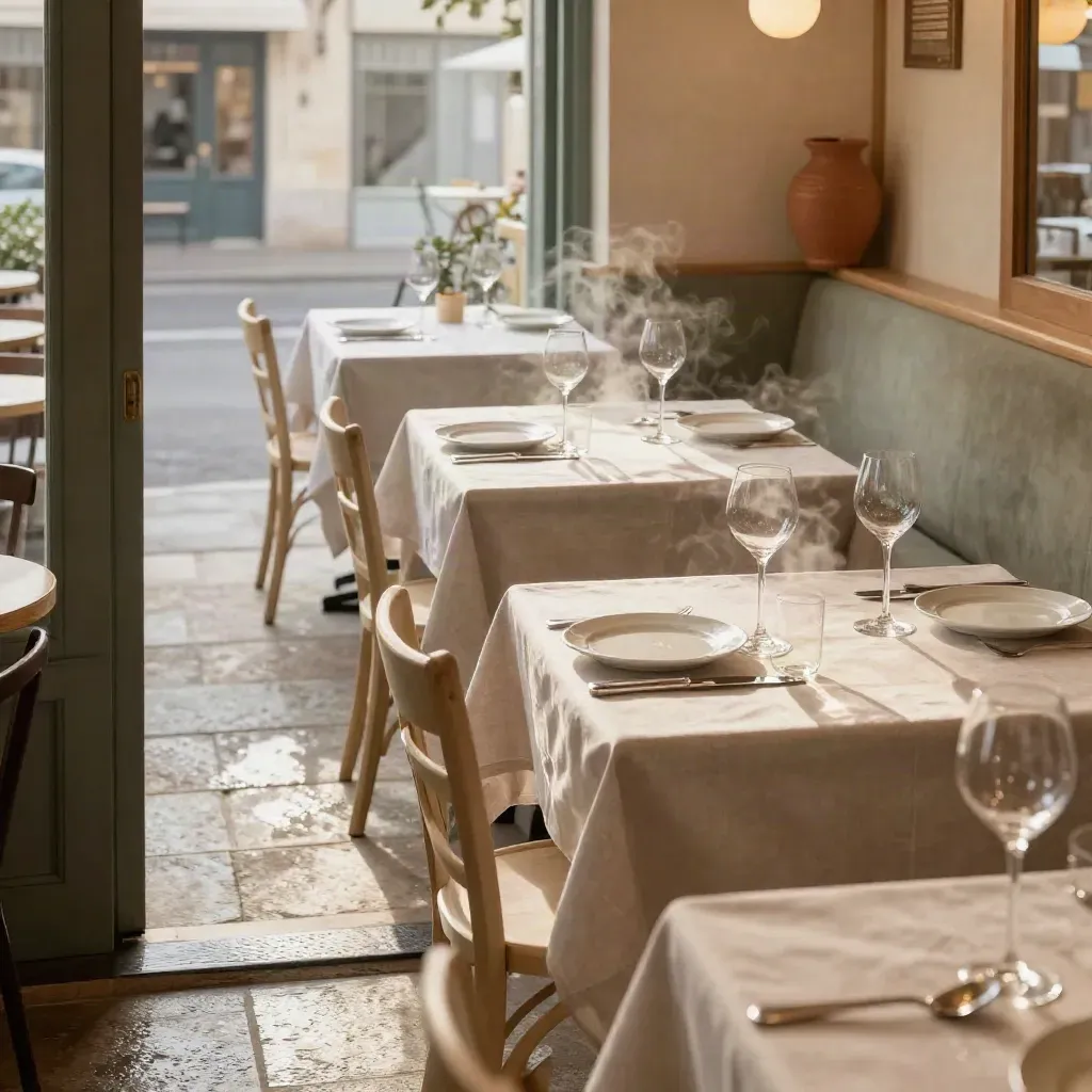 Salle de bistrot élégante, tables en lin, plats de saison et vapeur après la pluie.