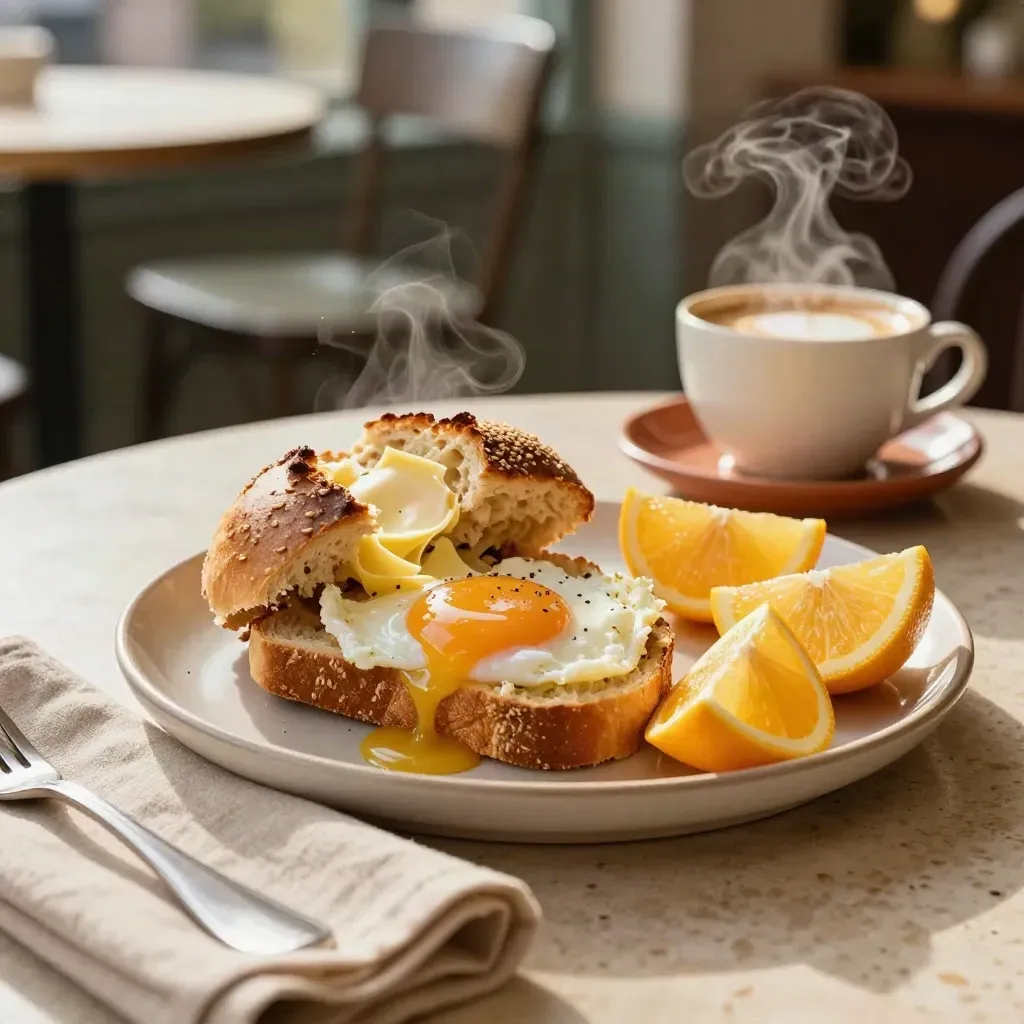 Brunch du samedi avec brioche, œufs, agrumes et café fumant sur travertin.