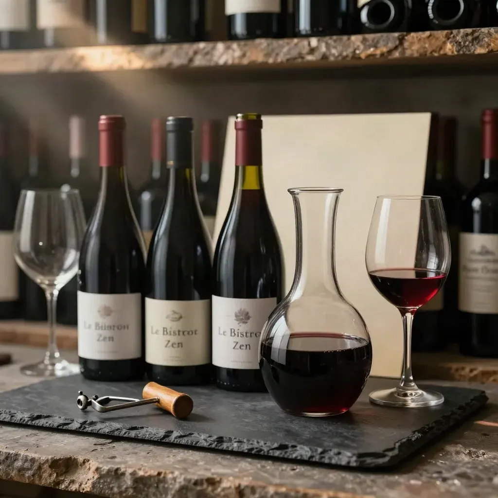 Sélection de vins du bistrot avec carafe, verres ballon et tire-bouchon sur pierre sombre.