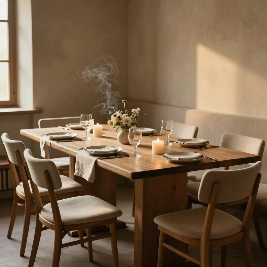 Table privée pour six, bougies, fleurs basses et linge plié dans une salle douce.
