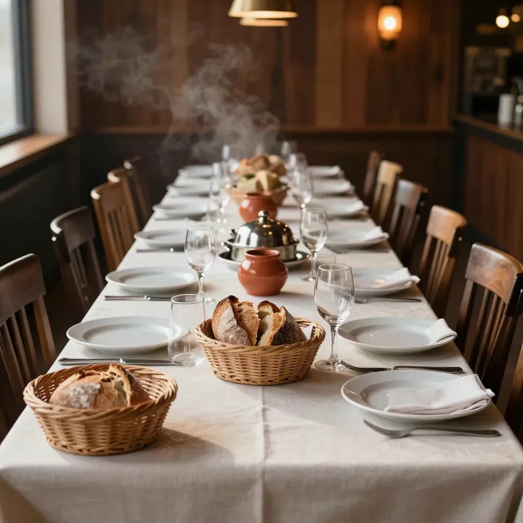 Grande table de bistrot dressée pour 18 couverts, plats couverts et pain, lumière douce de fin d’après-midi