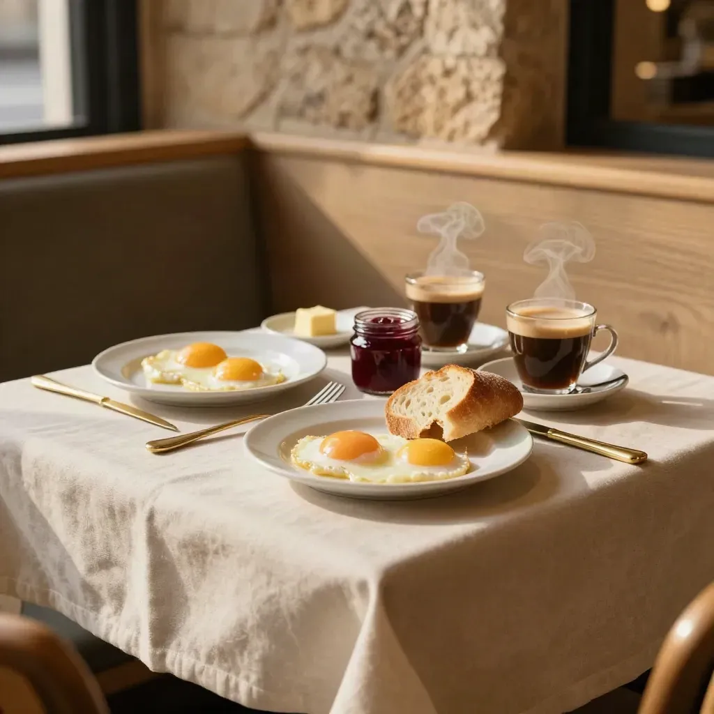 Table de brunch pour deux avec œufs, brioche, confiture et café fumant, dans un coin calme.