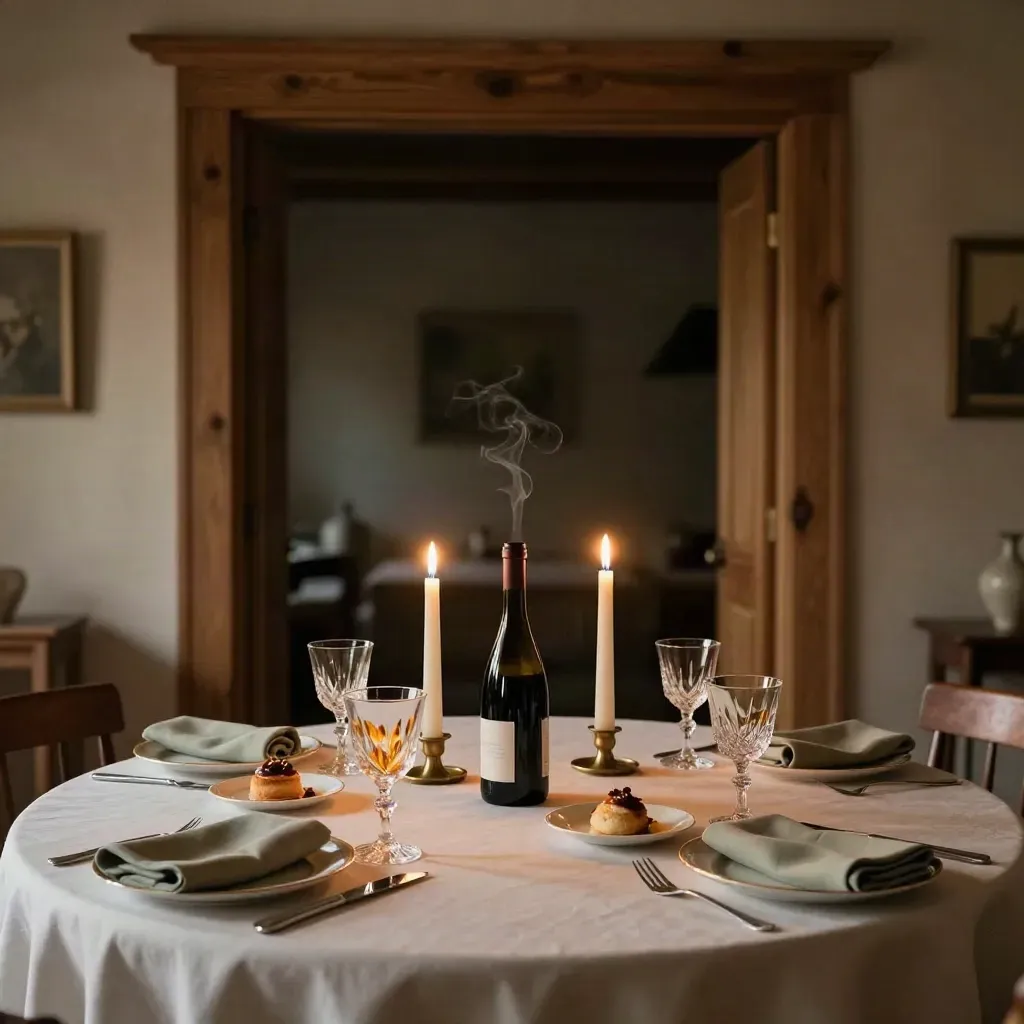 Salle privée d’anniversaire dressée, bougies, dessert et bouteille autour d’une table ronde.