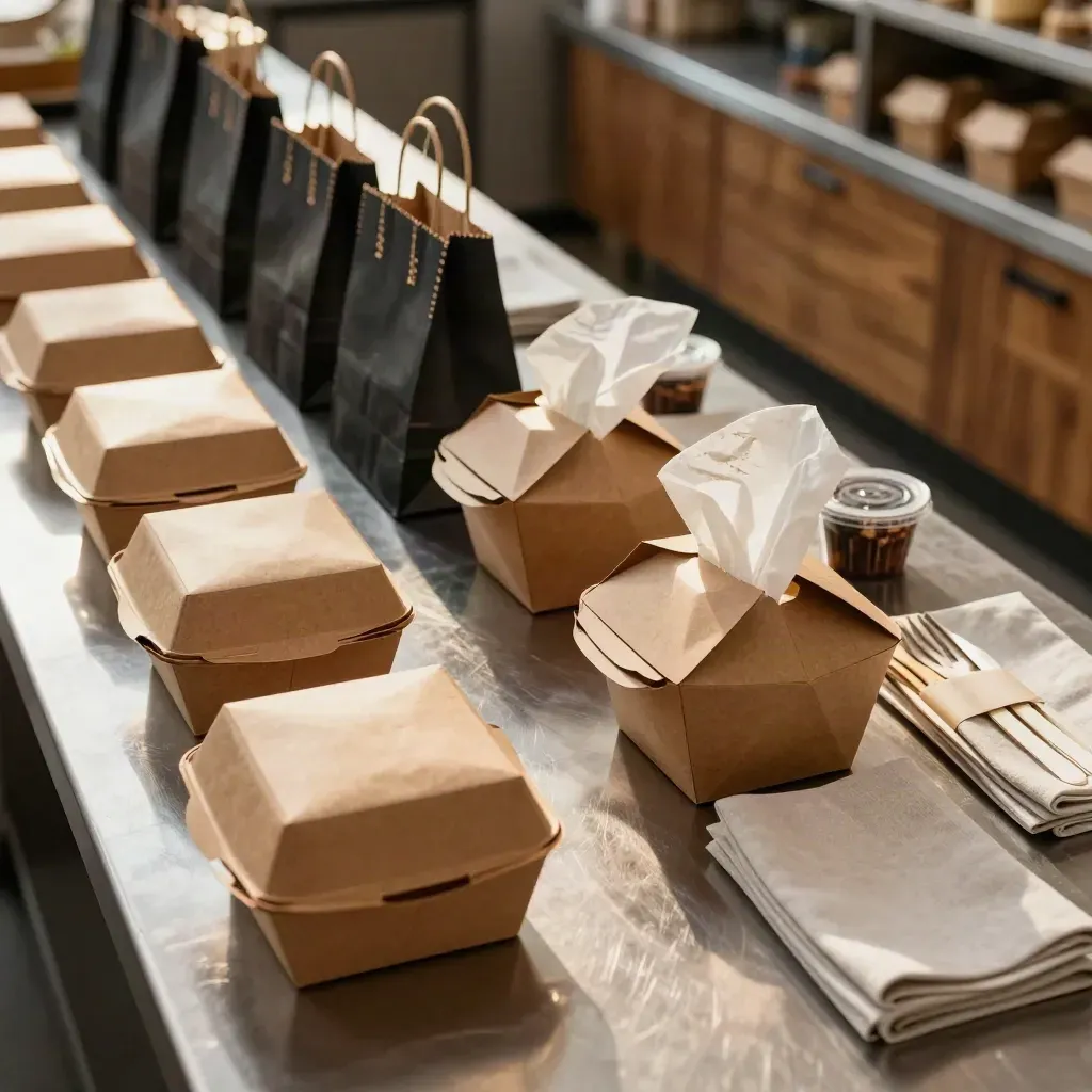 Boîtes kraft et sacs de repas alignés sur un comptoir métallique, vues du dessus.