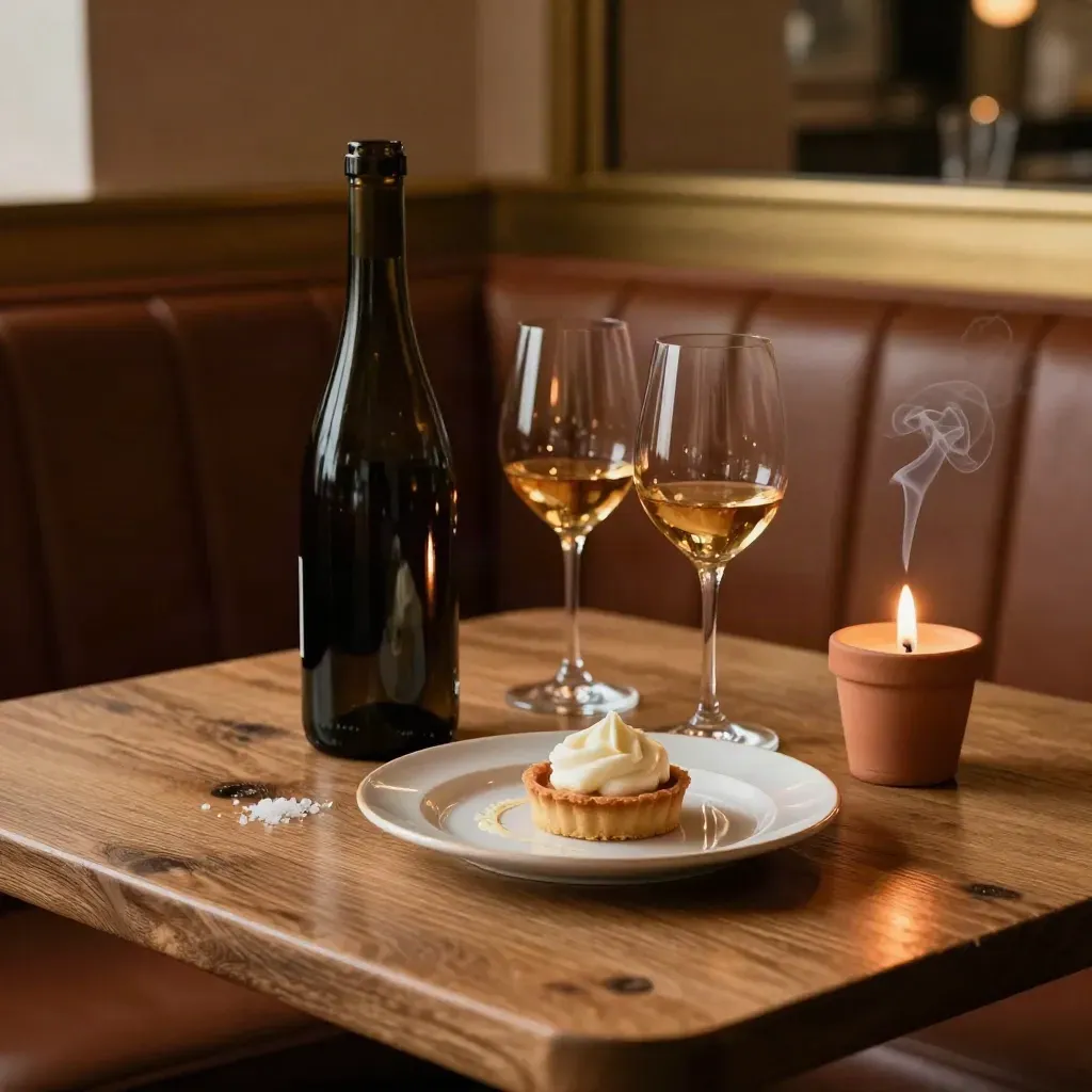 Table de bistrot après service, bouteille à moitié vide, deux verres, dessert et bougie fumante.