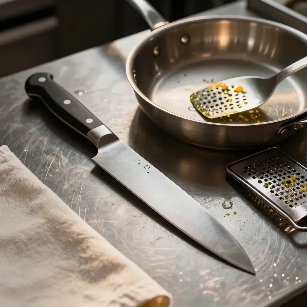 Ustensiles de cheffe sur table inox: couteau, sauteuse, spatule et microplane en gros plan.