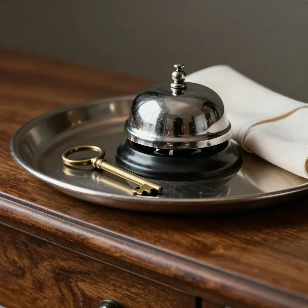 Plateau argenté, cloche, anneau de serviette et clé de service sur console en bois sombre.