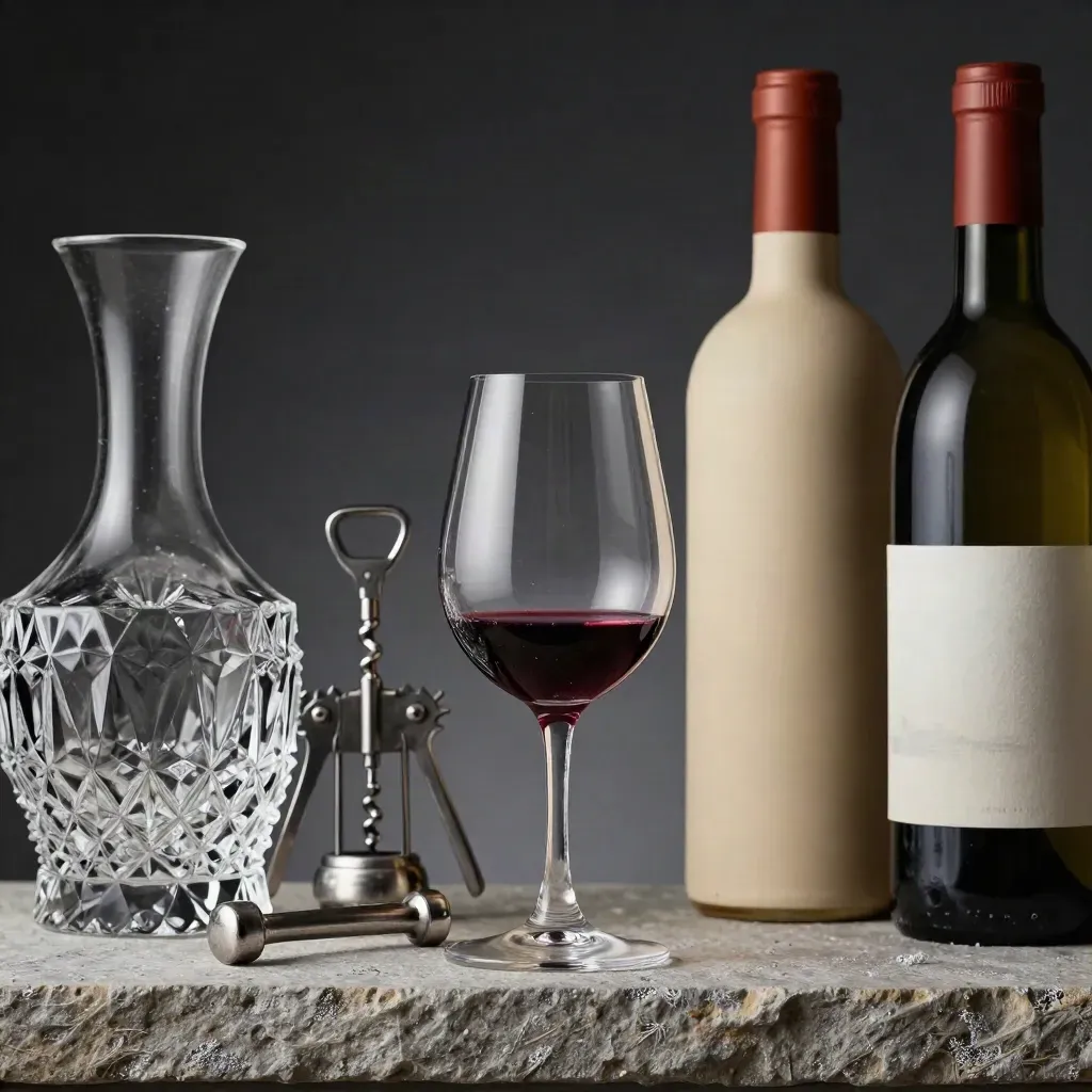 Carafe, tire-bouchon, verre et bouteille scellée sur pierre, lumière de cave.