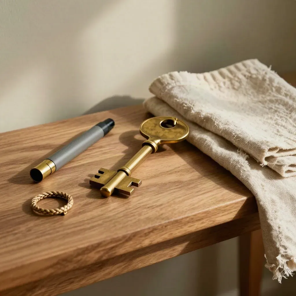 Clé de salle, marque-table, coupe-mèche et corde sur lin, au calme d’un service privé.