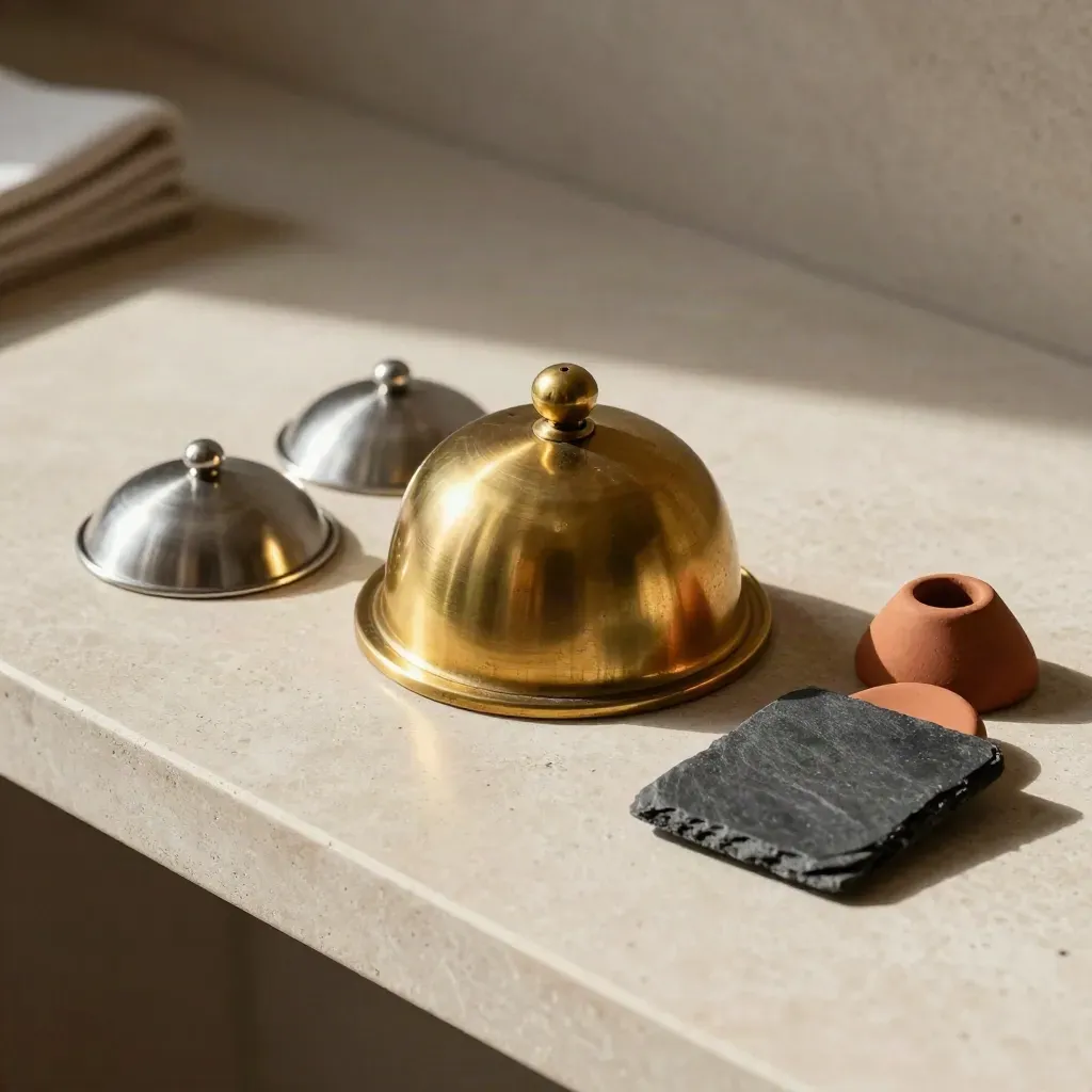 Cloche en laiton, jetons de couvert et ardoise sur pierre, lumière douce de côté